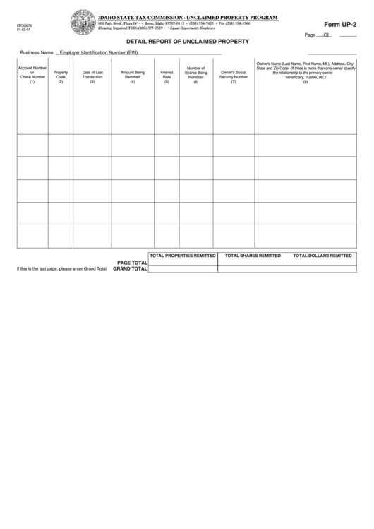 Form Up-2 - Detail Report Of Unclaimed Property Printable pdf