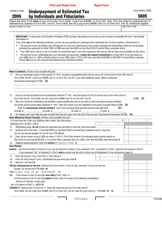 Fillable Californiaform 5805 - Underpayment Of Estimated Tax By Individuals And Fiduciaries - 2006 Printable pdf