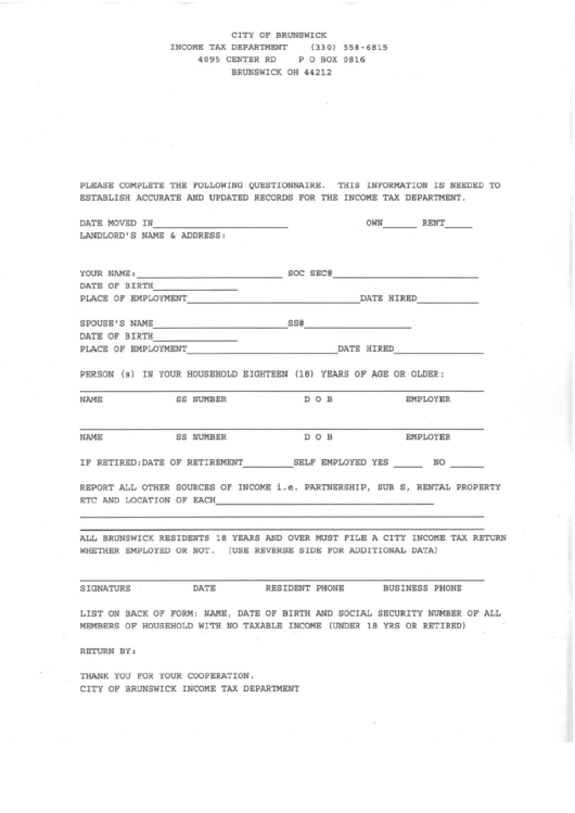 Questionnaire Form Ohio - Income Tax Department Printable pdf