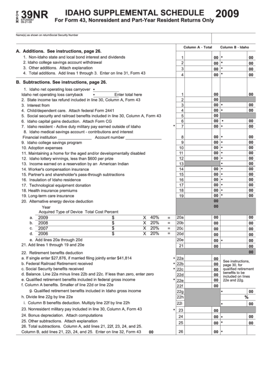 Fillable Form 39nr - Idaho Supplemental Schedule - 2009 Printable pdf