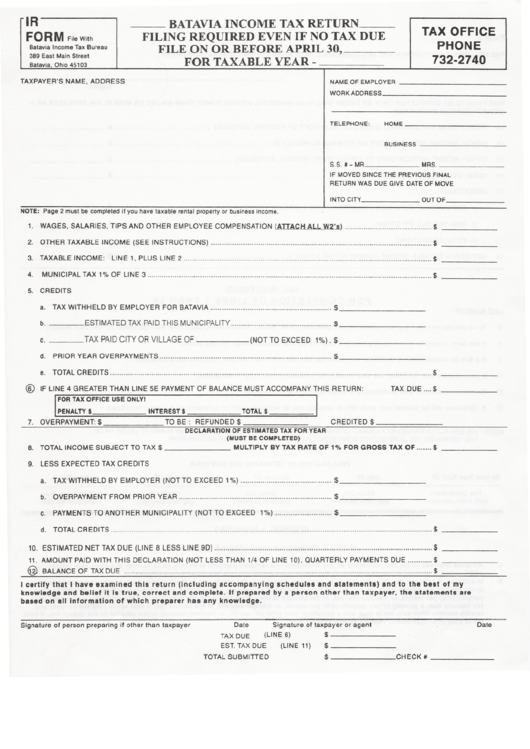 Form Ir - Income Tax Return - Batavia Printable pdf