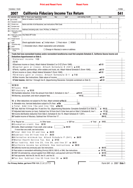 Fillable Form 541 - California Fiduciary Income Tax Return - 2007 Printable pdf