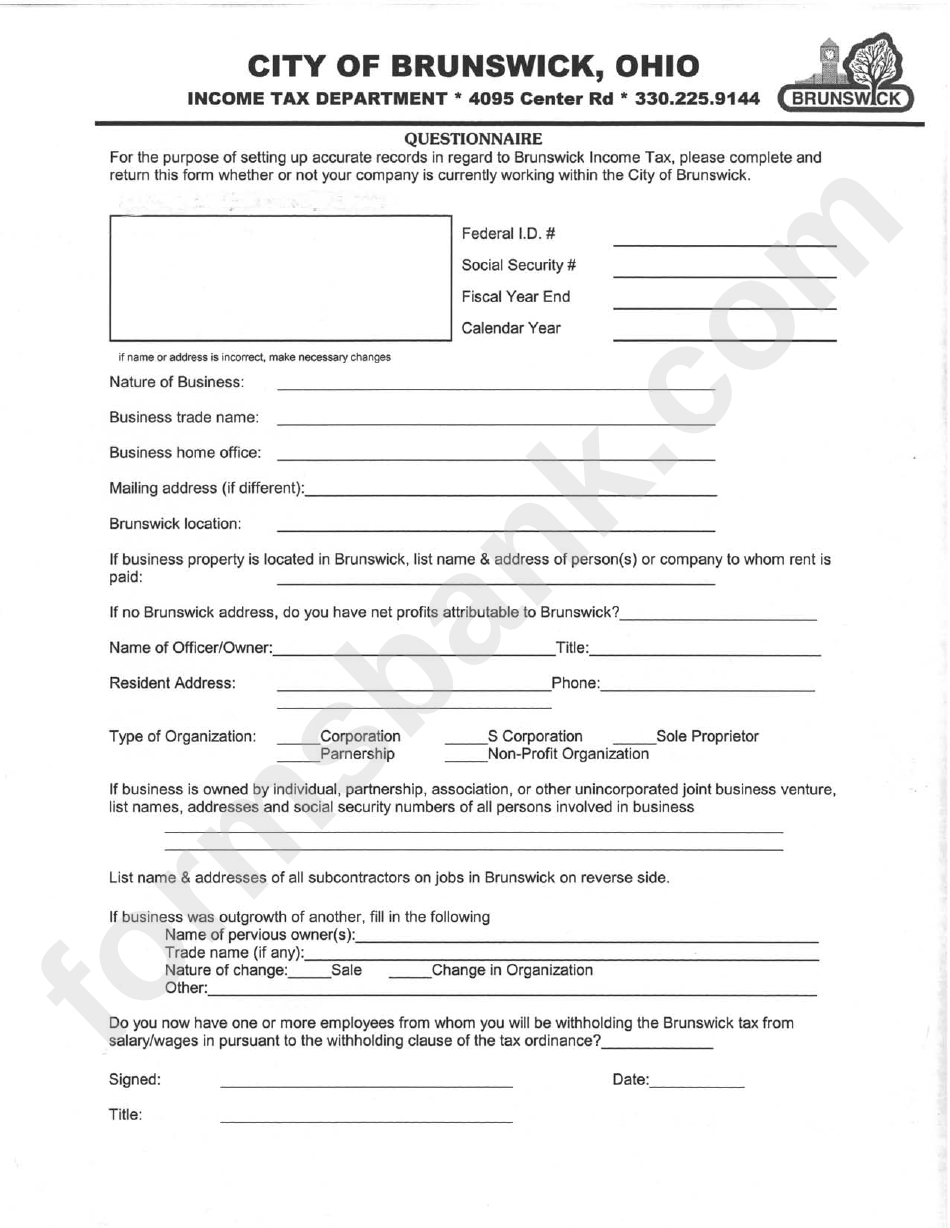 Questionnaire Form - Ohio Income Tax Department