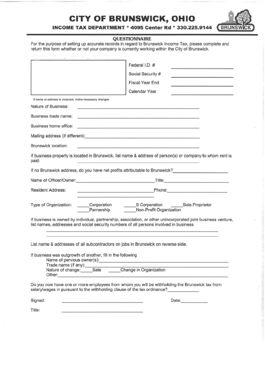 Questionnaire Form - Ohio Income Tax Department Printable pdf