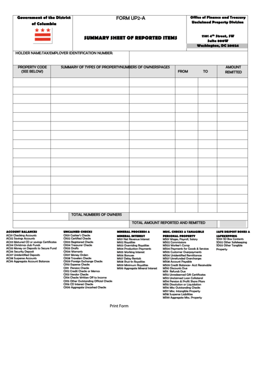 Fillable Form Up2-A - Summary Sheet Of Reported Items - Office Of Finance And Treasury - District Of Columbia Printable pdf