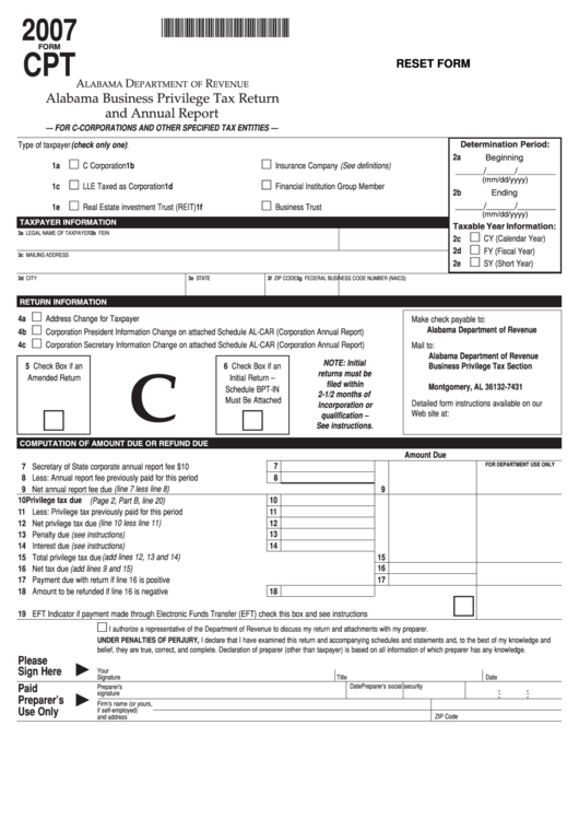 Fillable Form Cpt - Alabama Business Privilege Tax Return And Annual Report - 2007 Printable pdf