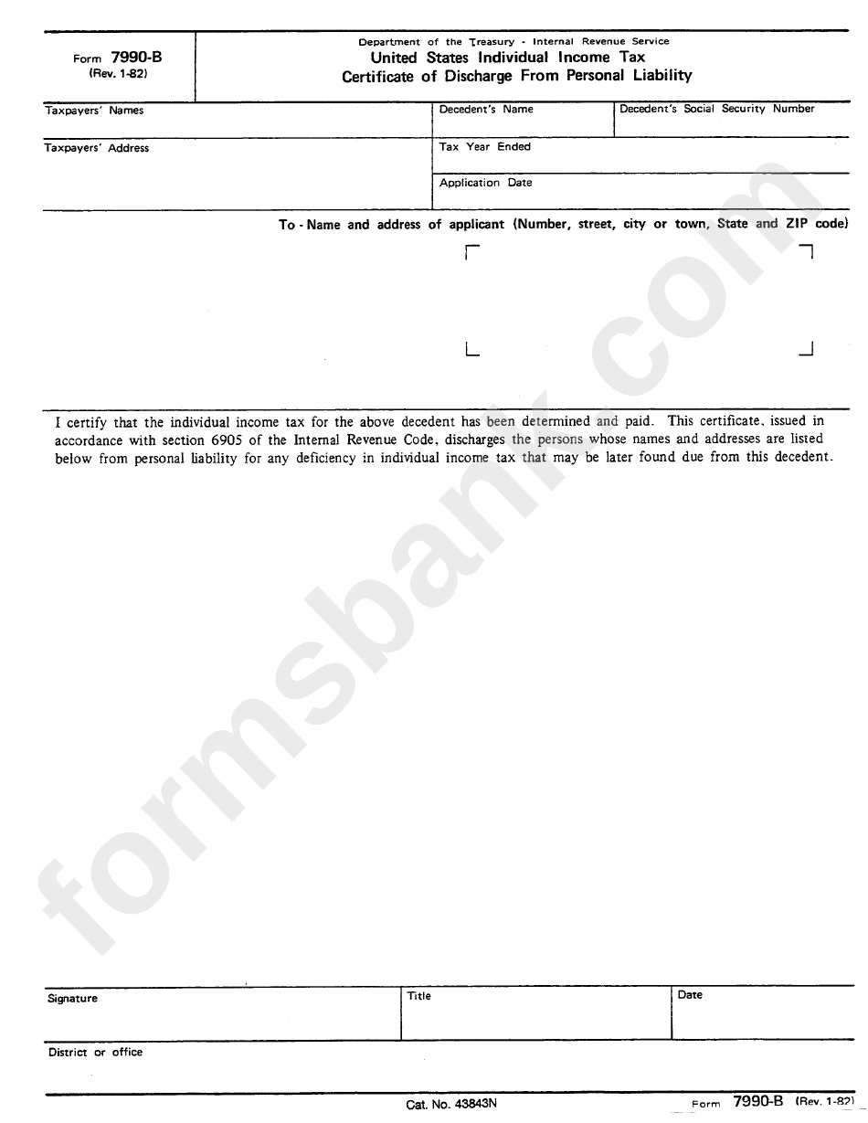 Form 7990b - United State Individual Income Tax Certificate Of Discharge From Personal Liability
