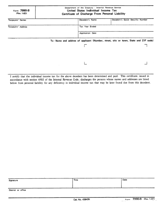 Form 7990b - United State Individual Income Tax Certificate Of Discharge From Personal Liability Printable pdf