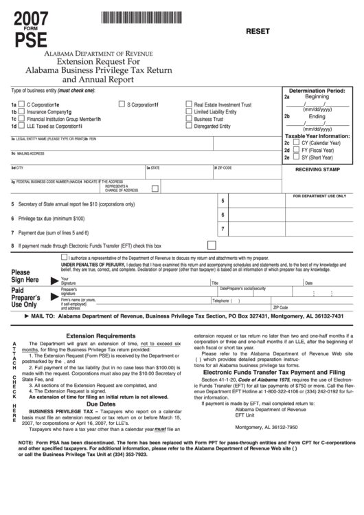 Fillable Form Pse - Extension Request For Alabama Business Privilege Tax Return And Annual Report - 2007 Printable pdf