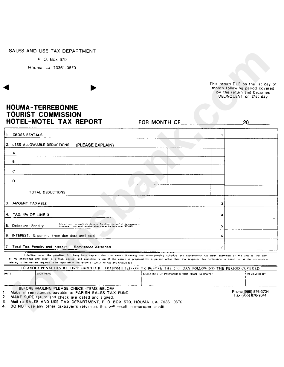 Hotel-Motel Tax Report Form - Houma-Terrebonne