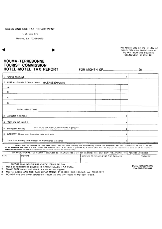 Hotel-Motel Tax Report Form - Houma-Terrebonne Printable pdf
