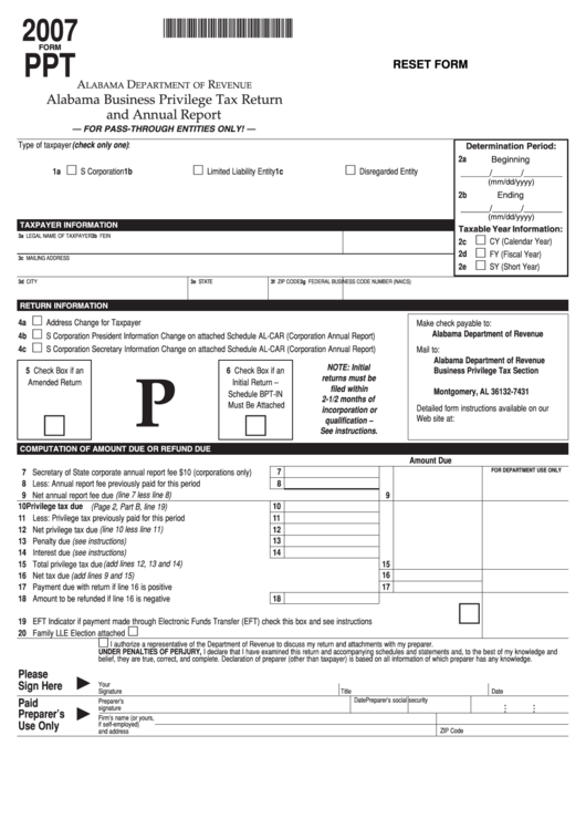 Form Ppt - Alabama Business Privilege Tax Return And Annual Report - 2007