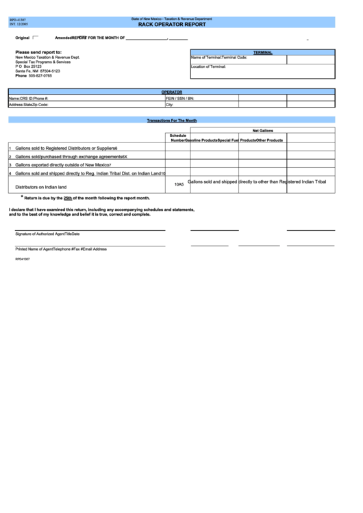 Rack Operator Report Form - 2005 Printable pdf