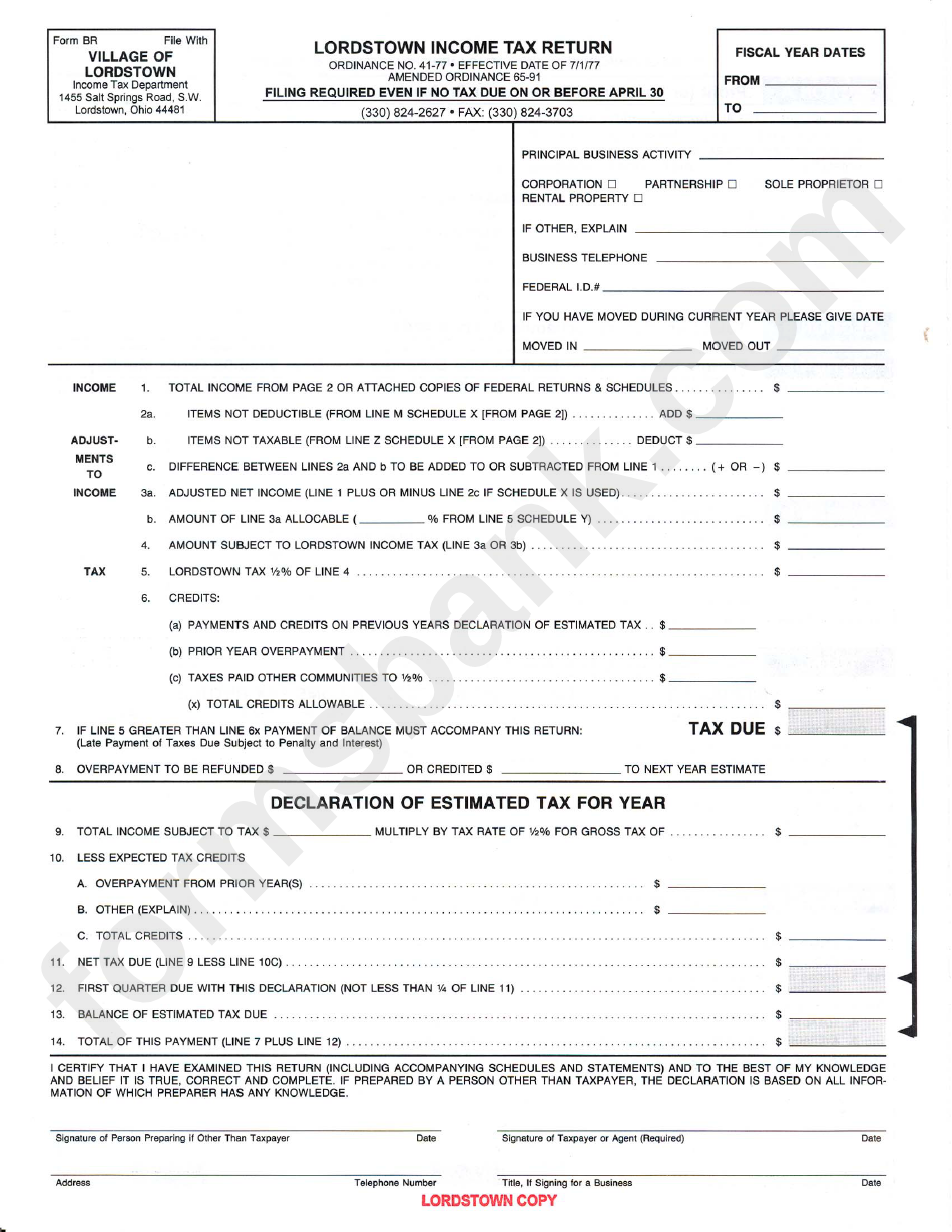 Form Br - Income Tax Return - Village Of Lordstown