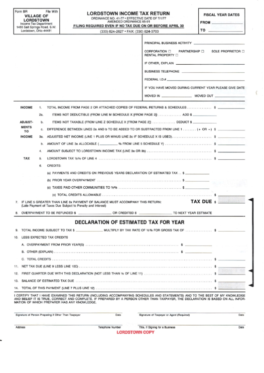 Form Br - Income Tax Return - Village Of Lordstown Printable pdf