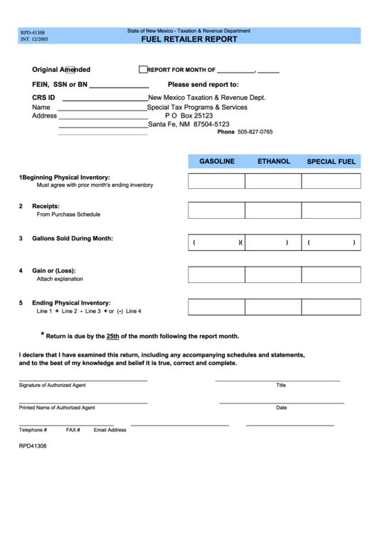 Fuel Retailer Report Form - 2005 Printable pdf