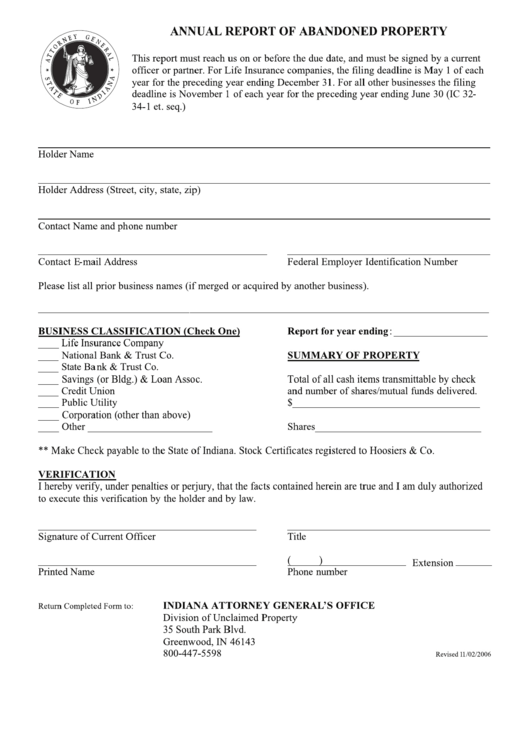 Fillable Annual Report Form Of Abandoned Property Printable pdf