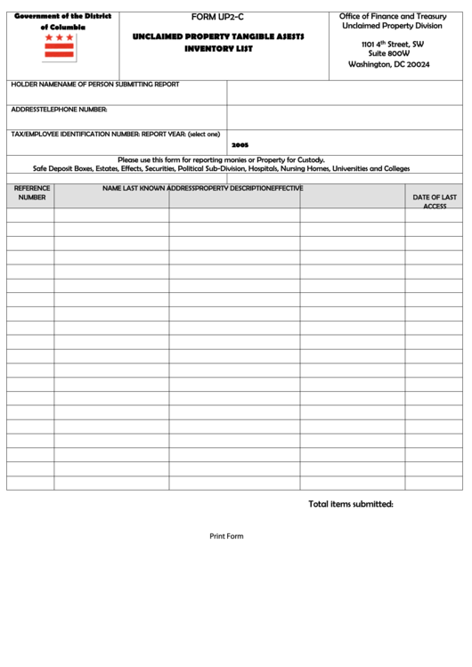 Fillable Form Up2-C - Unclaimed Property Tangible Asests Inventory List - Office Of Finance And Treasury - District Of Columbia Printable pdf