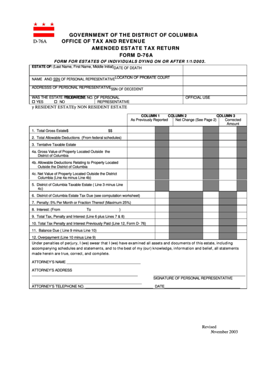Form D-76a - Amended Estate Tax Return Printable pdf