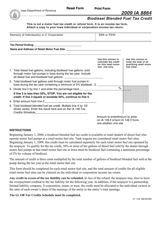 Fillable Form Ia 8864 - Biodiesel Blended Fuel Tax Credit - 2009 Printable pdf