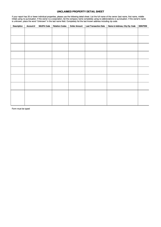 Fillable Unclaimed Property Detail Sheet Printable pdf