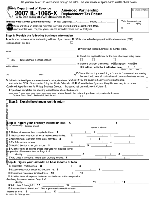 Fillable Form Il-1065-X - Amended Partnership Replacement Tax Return - 2007 Printable pdf