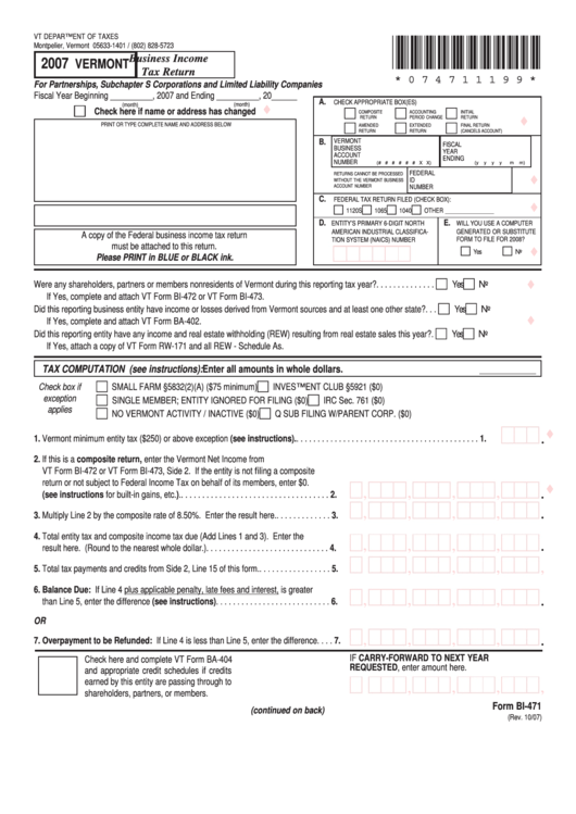 Form Bi-471 - Business Income Tax Return - 2007 Printable pdf