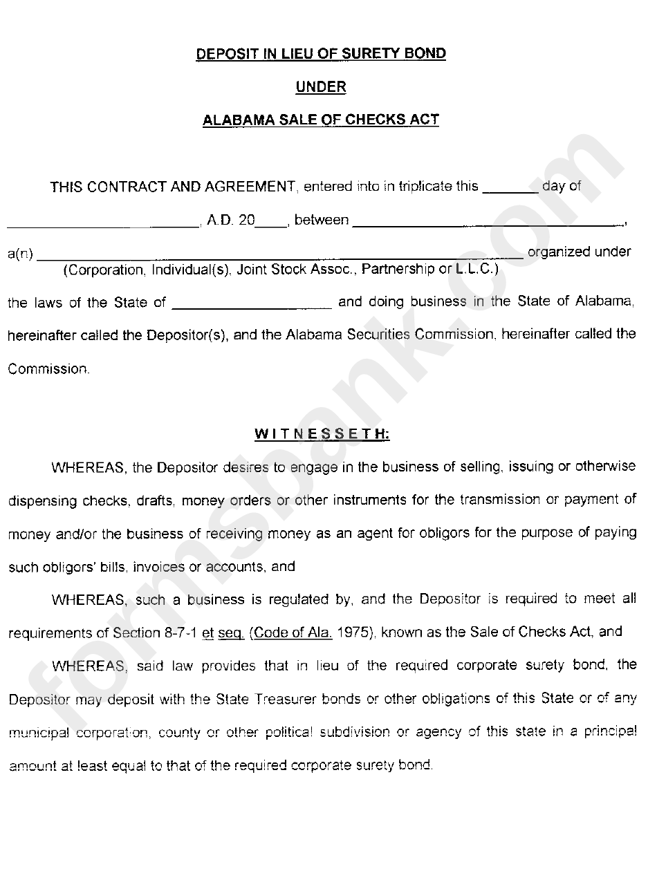 Deposit In Lieu Of Surety Bond Form Alabama