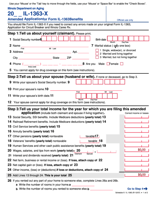 Fillable Form Il-1363-X - Amended Application For Form Il-1363 Benefits - 2007 Printable pdf