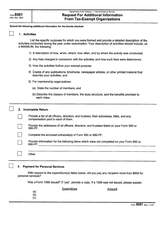 Form 8001 - Request For Additional Information From Tax-Exempt Organizations Printable pdf