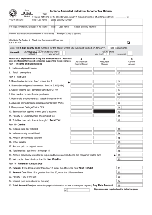 Form It-40x - Indiana Amended Individual Income Tax Return - 2007 ...