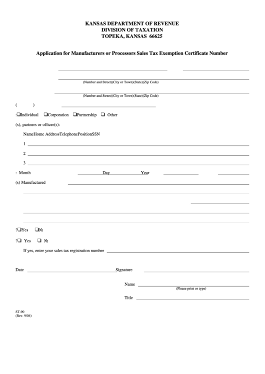 Form St-90 - Application For Manufacturers Or Processors Sales Tax Exemption Certificate Number Printable pdf