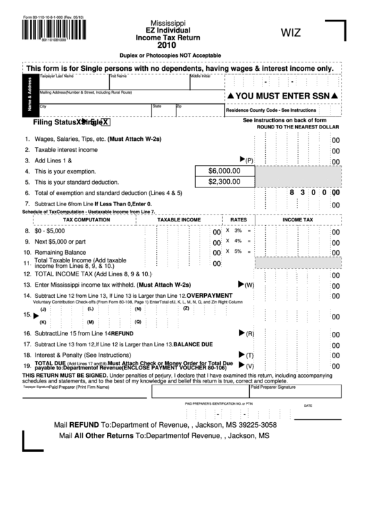 Fillable Form 80-110-09-8-2-000 - Mississippi Ez Individual Income Tax Return - 2010 Printable pdf