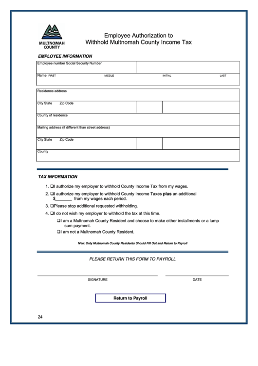 Employee Authorization To Withhold Multnomah County Income Tax Form - Multnomah County - Oregon Printable pdf