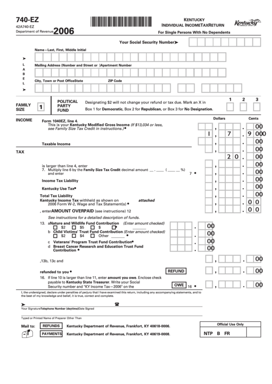 Form 740-Ez - Individual Income Tax Return - 2006 Printable pdf