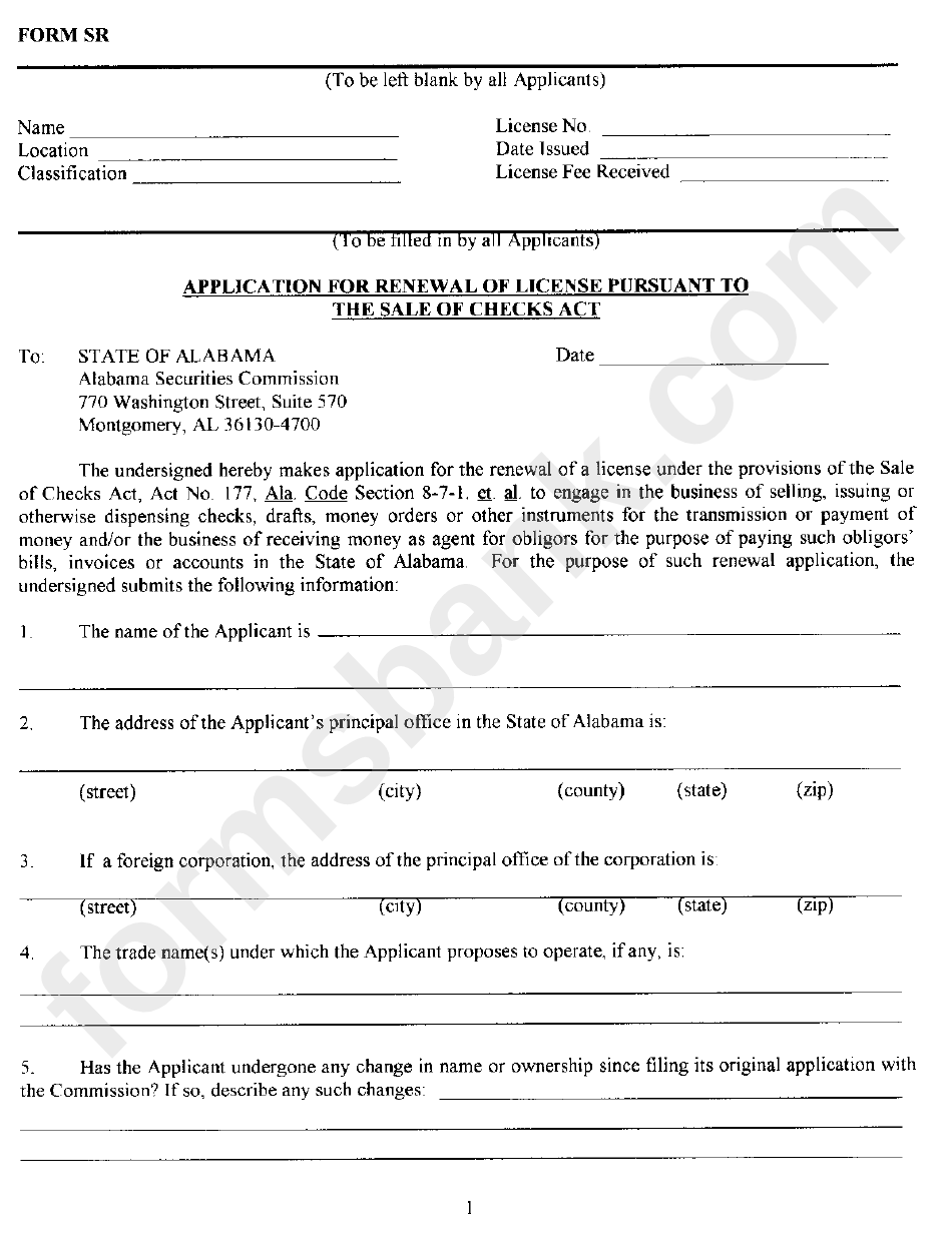 Form Sr - Application For Renewal Of License Pursuant To The Sale Of Checks Act - Alabama Securities Comission