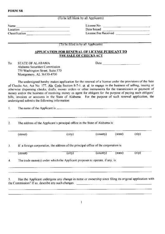 Form Sr - Application For Renewal Of License Pursuant To The Sale Of Checks Act - Alabama Securities Comission Printable pdf