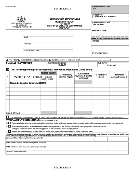 Form Rct-126 - Membership Report For Use By Electric Co-Operative Corporations 2006 Report Printable pdf