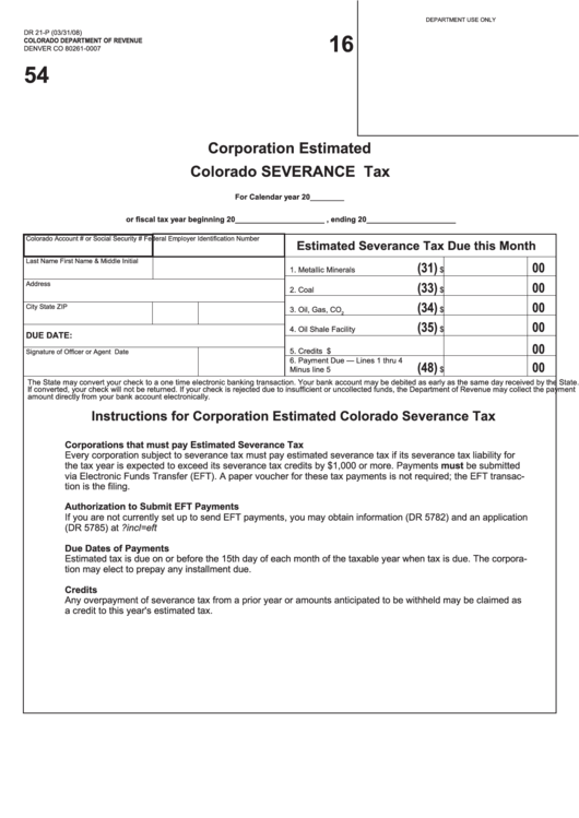 Fillable Form Dr 21-P - Corporation Estimated Colorado Severance Tax Printable pdf
