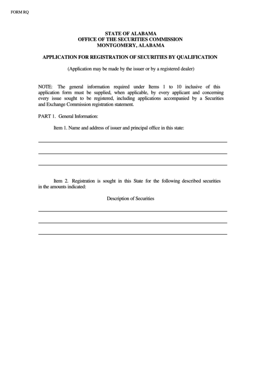 Form Rq - Application For Registration Of Securities By Qualification - Alabama Office Of The Securities Commission Printable pdf