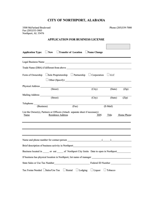 Fillable Application For Business License Form - City Of Northport - Alabama Printable pdf