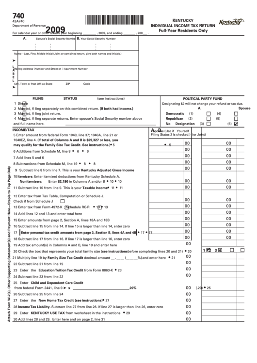 Fillable Form 740 - Kentucky Individual Income Tax Return Full Year Resident Only - 2009 Printable pdf