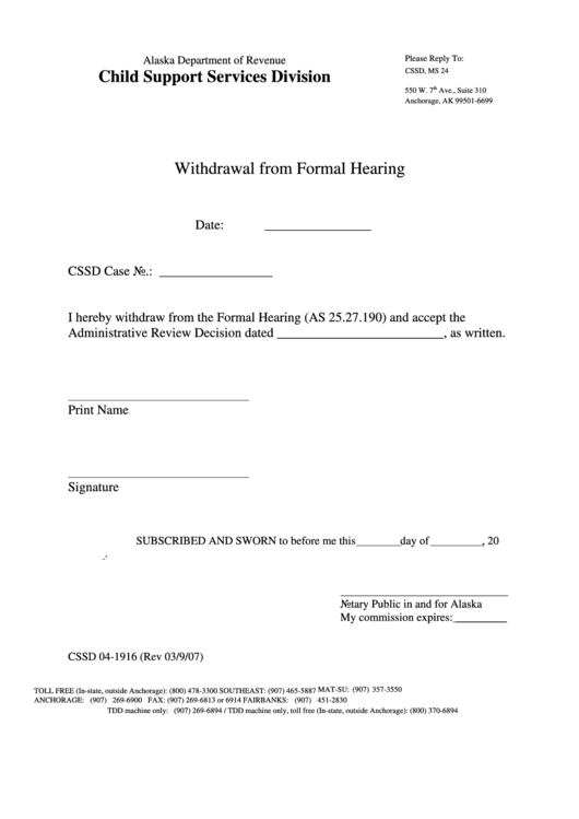 Form Cssd 04-1916 - Withdrawal From Formal Hearing Form - 2007 Printable pdf