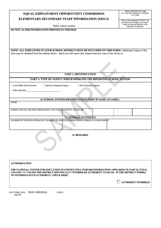 Form 168a - Equal Employment Opportunity Commission Elementary-secondary Staff Information - Sample - 2004