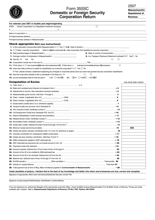 Form 355sc - Domestic Or Foreign Security Corporation Return - 2007 Printable pdf