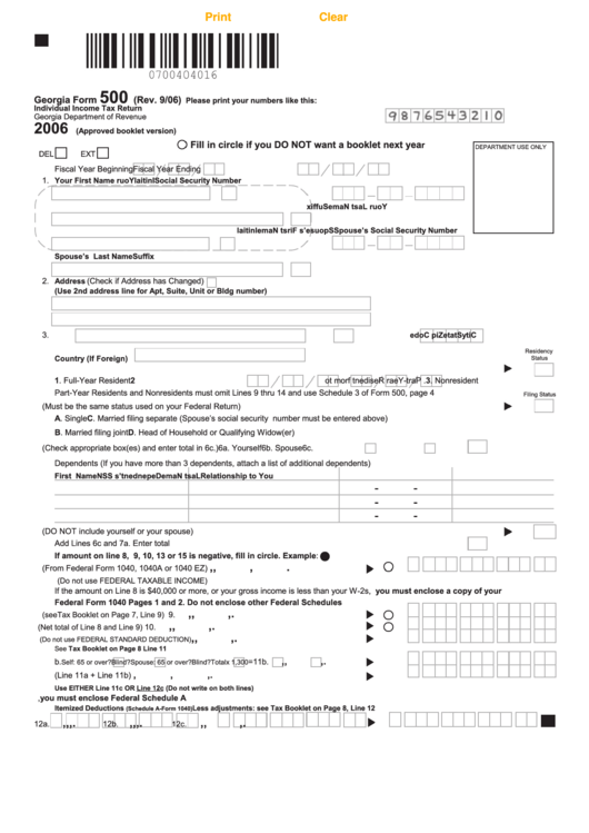 Fillable Georgia Form 500 - Individual Income Tax Return - 2006 Printable pdf