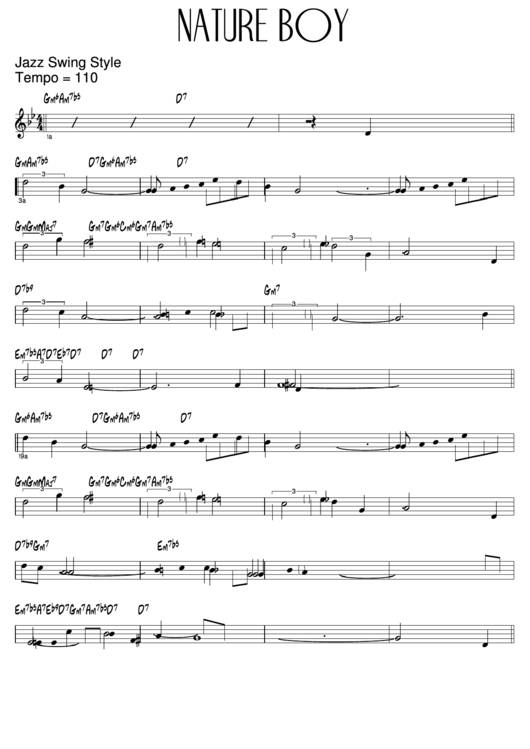 Nature Boy - Jazz Swing Style Guitar Chord Chart Printable pdf