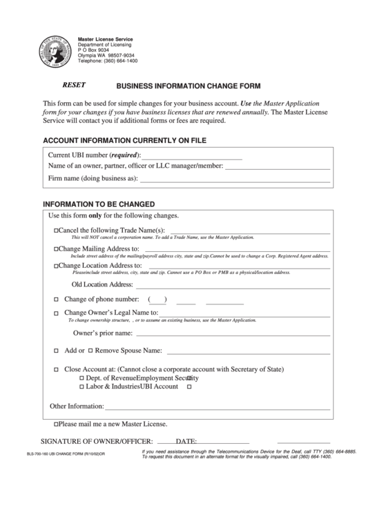 Fillable Business Information Change Form - 2002 Printable pdf