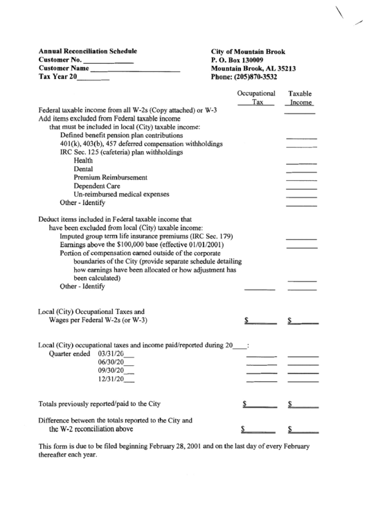 Annual Reconciliation Schedule Form - Mountain Brook - Alabama Printable pdf