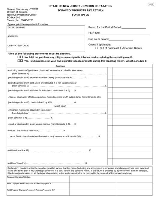 Fillable Form Tpt-20 - Tobacco Products Tax Return - 2009 printable pdf ...